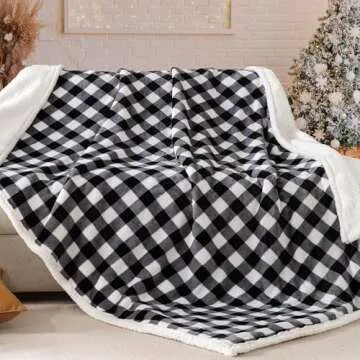 BEAUTEX Sherpa Fleece Flannel Throw Blanket, Super Soft Warm Buffalo Plaid Plush Blankets and Throws, Lightweight Cozy Fuzzy Blanket for Couch Sofa Bed (Black, Throw 50" x 60")