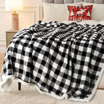 BEAUTEX Sherpa Fleece Flannel Throw Blanket, Super Soft Warm Buffalo Plaid Plush Blankets and Throws, Lightweight Cozy Fuzzy Blanket for Couch Sofa Bed (Black, Throw 50" x 60")