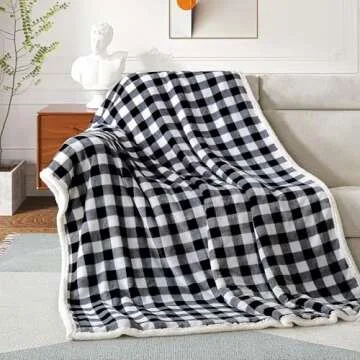 BEAUTEX Sherpa Fleece Flannel Throw Blanket, Super Soft Warm Buffalo Plaid Plush Blankets and Throws, Lightweight Cozy Fuzzy Blanket for Couch Sofa Bed (Black, Throw 50" x 60")