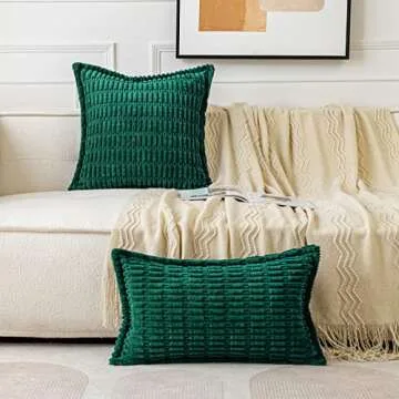 MIULEE Green Corduroy Decorative Throw Pillow Covers Pack of 2 Soft Striped Pillows Pillowcases with Broad Edge Winter Modern Boho Home Decor for Couch Sofa Bed Spring 18x18 Inch