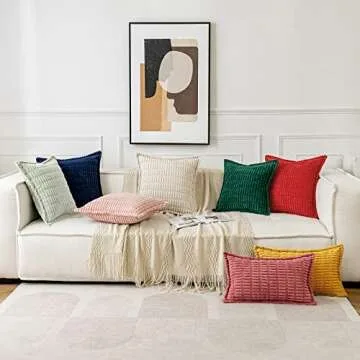 MIULEE Green Corduroy Decorative Throw Pillow Covers Pack of 2 Soft Striped Pillows Pillowcases with Broad Edge Winter Modern Boho Home Decor for Couch Sofa Bed Spring 18x18 Inch