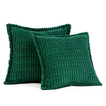 MIULEE Green Corduroy Decorative Throw Pillow Covers Pack of 2 Soft Striped Pillows Pillowcases with Broad Edge Winter Modern Boho Home Decor for Couch Sofa Bed Spring 18x18 Inch