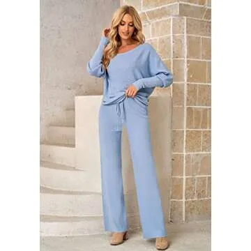Women's Plus Size 2 Piece Solid Color Off Shoulder Ribbed Matching Sweatsuit Lounge Pajamas Set Leisure Wear Loungewear Tracksuit Blue Medium