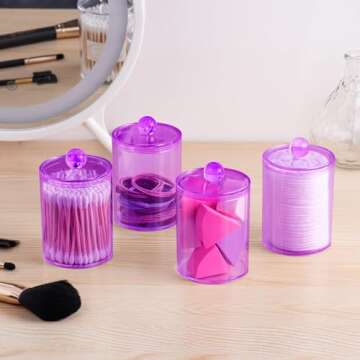 XIPENGKEJI 4 Pack Qtip Holder,Canister Apothecary Jar Set, Bathroom Jars with Lids Set for Cotton Swabs, Balls, Pads, Floss Picks,10oz-12oz Plastic Canisters Restroom Bedroom Vanity Organizer(Purple)
