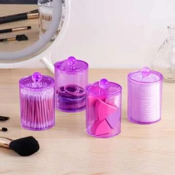XIPENGKEJI 4 Pack Qtip Holder,Canister Apothecary Jar Set, Bathroom Jars with Lids Set for Cotton Swabs, Balls, Pads, Floss Picks,10oz-12oz Plastic Canisters Restroom Bedroom Vanity Organizer(Purple)