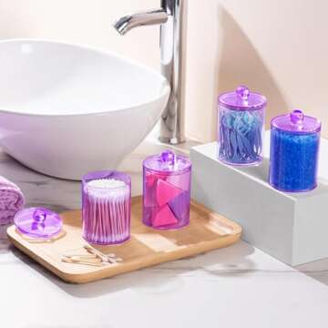 XIPENGKEJI 4 Pack Qtip Holder,Canister Apothecary Jar Set, Bathroom Jars with Lids Set for Cotton Swabs, Balls, Pads, Floss Picks,10oz-12oz Plastic Canisters Restroom Bedroom Vanity Organizer(Purple)
