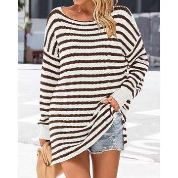 KIRUNDO Women's 2025 Fall Winter Oversized Long Sleeve Striped Sweater Casual Crewneck Side Split Pu...
