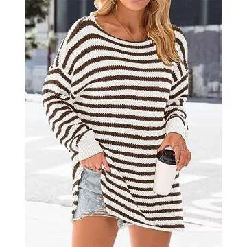 KIRUNDO Women's 2025 Fall Winter Oversized Long Sleeve Striped Sweater Casual Crewneck Side Split Pullover Knit Tops(Striped Coffee, Small)