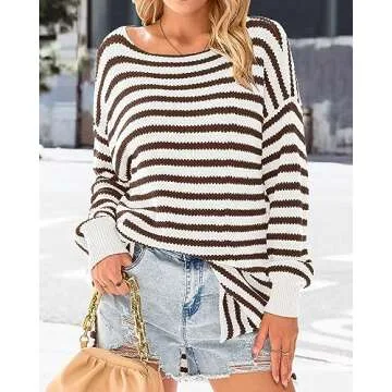 KIRUNDO Women's 2025 Fall Winter Oversized Long Sleeve Striped Sweater Casual Crewneck Side Split Pullover Knit Tops(Striped Coffee, Small)