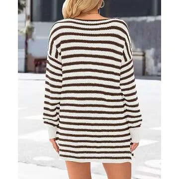 KIRUNDO Women's 2025 Fall Winter Oversized Long Sleeve Striped Sweater Casual Crewneck Side Split Pullover Knit Tops(Striped Coffee, Small)