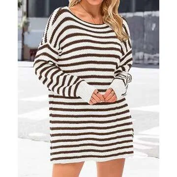 KIRUNDO Women's 2025 Fall Winter Oversized Long Sleeve Striped Sweater Casual Crewneck Side Split Pullover Knit Tops(Striped Coffee, Small)