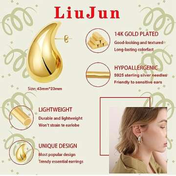 Chunky Gold Hoop Earrings for Women, Extra Large Dop Earrings Dupes Lightweight Waterdrop Teardrop Earrings Statement Hypoallergenic Trendy Gold Plated Earrings Fashion Jewelry (Large Gold)