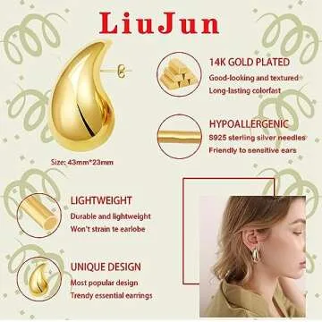 Chunky Gold Hoop Earrings for Women, Extra Large Dop Earrings Dupes Lightweight Waterdrop Teardrop Earrings Statement Hypoallergenic Trendy Gold Plated Earrings Fashion Jewelry (Large Gold)