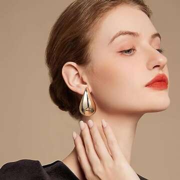 Chunky Gold Hoop Earrings for Women, Extra Large Dop Earrings Dupes Lightweight Waterdrop Teardrop Earrings Statement Hypoallergenic Trendy Gold Plated Earrings Fashion Jewelry (Large Gold)