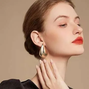 Chunky Gold Hoop Earrings for Women, Extra Large Dop Earrings Dupes Lightweight Waterdrop Teardrop Earrings Statement Hypoallergenic Trendy Gold Plated Earrings Fashion Jewelry (Large Gold)