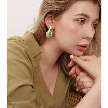 Chunky Gold Hoop Earrings for Women, Extra Large Dop Earrings Dupes Lightweight Waterdrop Teardrop Earrings Statement Hypoallergenic Trendy Gold Plated Earrings Fashion Jewelry (Large Gold)