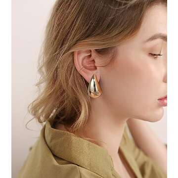 Chunky Gold Hoop Earrings for Women, Extra Large Dop Earrings Dupes Lightweight Waterdrop Teardrop Earrings Statement Hypoallergenic Trendy Gold Plated Earrings Fashion Jewelry (Large Gold)