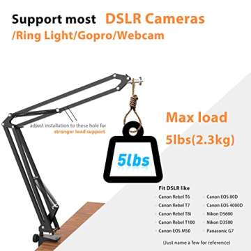 Overhead Tripod For DSLR Cameras, Heavy Duty Camera Desk Mount Stand with Flexible Articulating Boom Arm, Camera Holder Table Clamp for Canon Nikon Sony Fuji SLR Mirrorless Cam Video Photography