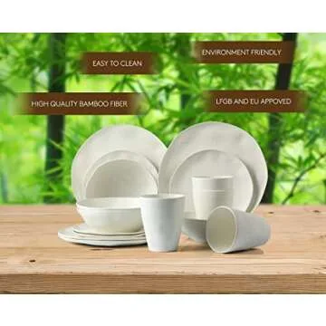 LEKOCH 16 Pcs Wave Serie Reusable White Dinnerware Set Eco-friendly Bamboo Plates and Bowls Camping Set for 4 Person