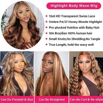 Yeeaak 13x6 Highlight Ombre Lace Front Wigs Human Hair Honey Blonde Body Wave HD Lace Frontal Wig Pre Plucked With Baby Hair 180% Density Glueless Highlight Wig for Women 4/27 Color 26Inch