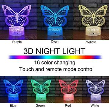 Butterfly 3D Illusion Lamp - Kids Bedside Lamp with 16 Color Changing Remote Control - Birthday Gift for Girls