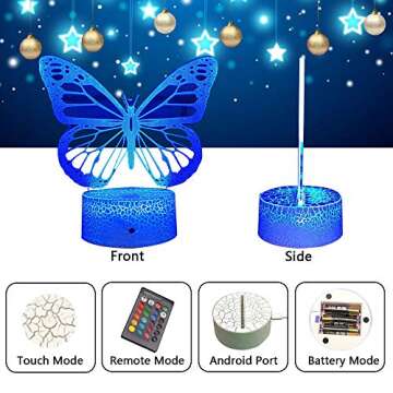 Butterfly 3D Illusion Lamp - Kids Bedside Lamp with 16 Color Changing Remote Control - Birthday Gift for Girls