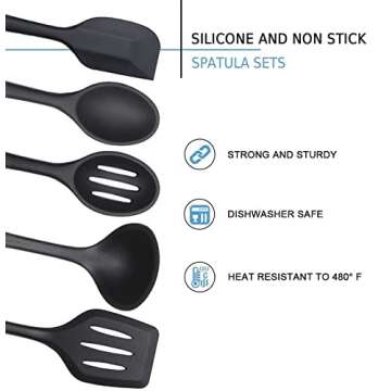 Silicone Kitchen Utensils Set, 5 PCS Heat Resistant Non Stick Cooking Tools, Silicone Spatula/Turner/Serving Spoon/Soup Ladle/Slotted Spoon, for Home and Camping