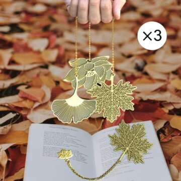 4 Pieces Bookmarks，Handmade Thumb Wooden Walnut Book Page Holder with Golden Ring，Bat Wing Design，3 Pieces Metal Bookmarks with Chain，Golden Hollow Design, Book Reading Accessories (Large)