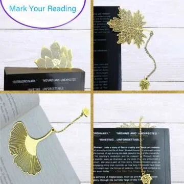 4 Pieces Bookmarks，Handmade Thumb Wooden Walnut Book Page Holder with Golden Ring，Bat Wing Design，3 Pieces Metal Bookmarks with Chain，Golden Hollow Design, Book Reading Accessories (Large)