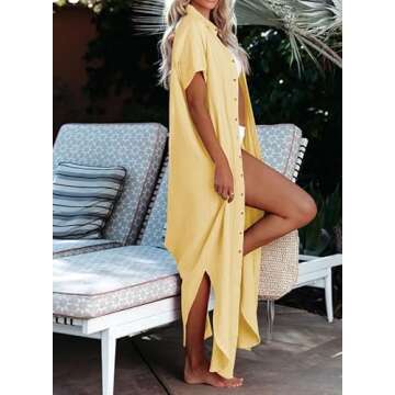 Dokotoo Swimsuit Coverups Summer Dresses for Women 2025 Vacation Button Down Long Kimonos Cardigan Beach Short Sleeve Side Split Casual Solid Loose Bathing Suit Cover Ups for Swimwear Yellow L