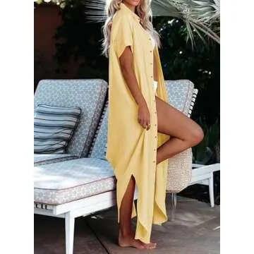 Dokotoo Swimsuit Coverups Summer Dresses for Women 2025 Vacation Button Down Long Kimonos Cardigan Beach Short Sleeve Side Split Casual Solid Loose Bathing Suit Cover Ups for Swimwear Yellow L