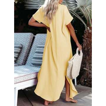 Dokotoo Swimsuit Coverups Summer Dresses for Women 2025 Vacation Button Down Long Kimonos Cardigan Beach Short Sleeve Side Split Casual Solid Loose Bathing Suit Cover Ups for Swimwear Yellow L
