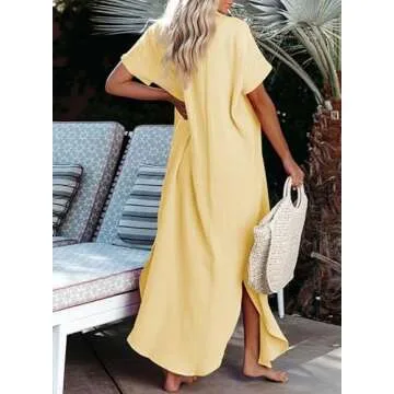 Dokotoo Swimsuit Coverups Summer Dresses for Women 2025 Vacation Button Down Long Kimonos Cardigan Beach Short Sleeve Side Split Casual Solid Loose Bathing Suit Cover Ups for Swimwear Yellow L