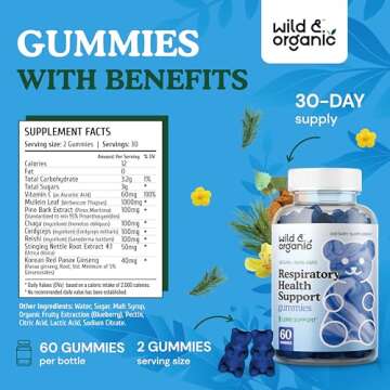 Wild & Organic Lung Detox Gummies - 1000 mg Mullein Gummies for Lungs Cleanse - Natural Supplements with Mullein Leaf Extract and Mushroom Blend - 60 Vegan, Non-GMO Chews