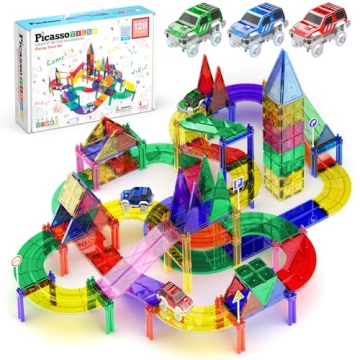 PicassoTiles 128 Piece Race Car Track Building Block Educational Toy Set Magnetic Tiles Magnet Plays...