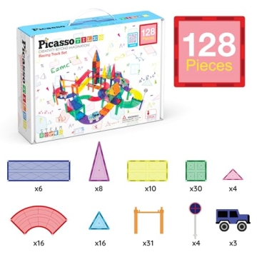 PicassoTiles 128 Piece Race Car Track Building Block Educational Toy Set Magnetic Tiles Magnet Playset 3 LED Car STEM Learning Construction Kit Hand-Eye Fine Motor Skill Training Brain Development
