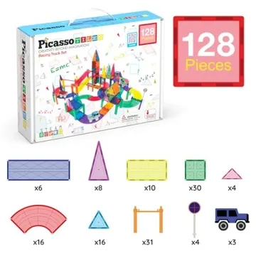 PicassoTiles 128 Piece Race Car Track Building Block Educational Toy Set Magnetic Tiles Magnet Playset 3 LED Car STEM Learning Construction Kit Hand-Eye Fine Motor Skill Training Brain Development