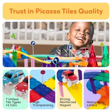 PicassoTiles 128 Piece Race Car Track Building Block Educational Toy Set Magnetic Tiles Magnet Playset 3 LED Car STEM Learning Construction Kit Hand-Eye Fine Motor Skill Training Brain Development