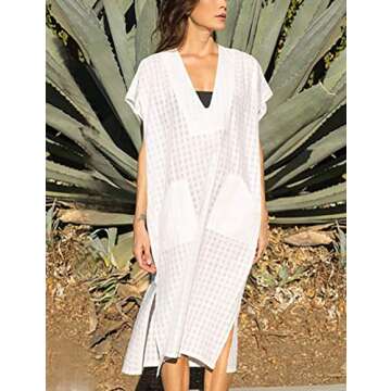 Bsubseach Women Plaid Swimsuit Cover Up V Neck Kaftan Dresses Caftan Maxi Dress White