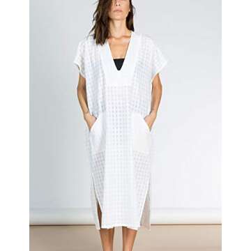 Bsubseach Women Plaid Swimsuit Cover Up V Neck Kaftan Dresses Caftan Maxi Dress White