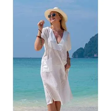 Bsubseach Women Plaid Swimsuit Cover Up V Neck Kaftan Dresses Caftan Maxi Dress White