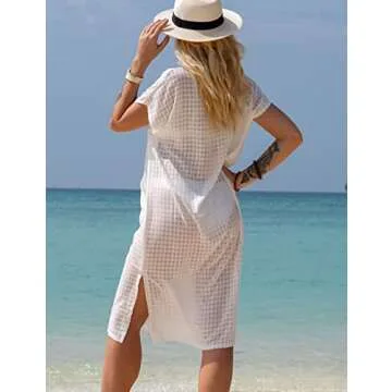 Bsubseach Women Plaid Swimsuit Cover Up V Neck Kaftan Dresses Caftan Maxi Dress White