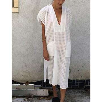 Bsubseach Women Plaid Swimsuit Cover Up V Neck Kaftan Dresses Caftan Maxi Dress White