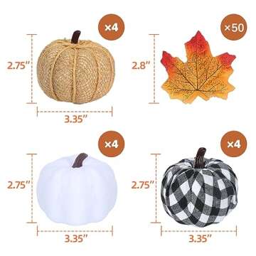 Maidprin 12pcs Assorted Fake Pumpkins with 50Pcs Artificial Maple Leaves, Farmhouse Harvest Faux Pumpkins for Fall Wedding Thanksgiving Halloween Decoration