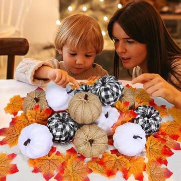 Maidprin 12pcs Assorted Fake Pumpkins with 50Pcs Artificial Maple Leaves, Farmhouse Harvest Faux Pumpkins for Fall Wedding Thanksgiving Halloween Decoration