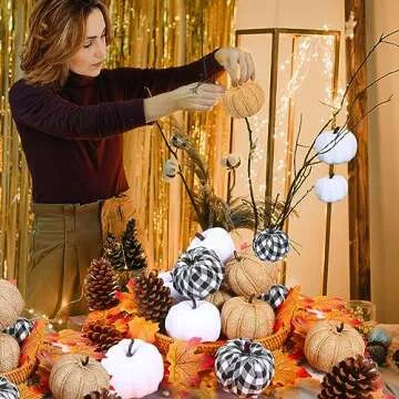 Maidprin 12pcs Assorted Fake Pumpkins with 50Pcs Artificial Maple Leaves, Farmhouse Harvest Faux Pumpkins for Fall Wedding Thanksgiving Halloween Decoration