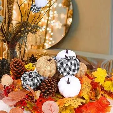 Maidprin 12pcs Assorted Fake Pumpkins with 50Pcs Artificial Maple Leaves, Farmhouse Harvest Faux Pumpkins for Fall Wedding Thanksgiving Halloween Decoration