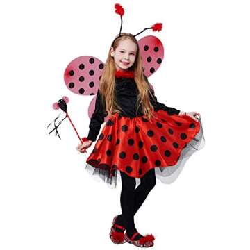 Girls Ladybug Costume, Halloween Deluxe Animal Fancy Dress Outfit with Wings (10pcs Set) 3-4T