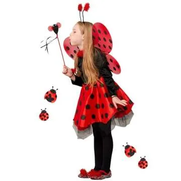 Girls Ladybug Costume, Halloween Deluxe Animal Fancy Dress Outfit with Wings (10pcs Set) 3-4T