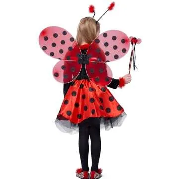 Girls Ladybug Costume, Halloween Deluxe Animal Fancy Dress Outfit with Wings (10pcs Set) 3-4T